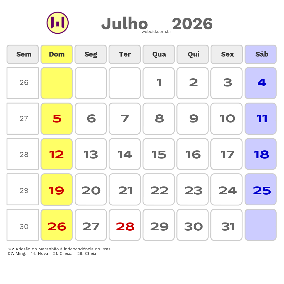 Calendário 2026 - Julho - Sao Luis-MA com feriados e fases da lua