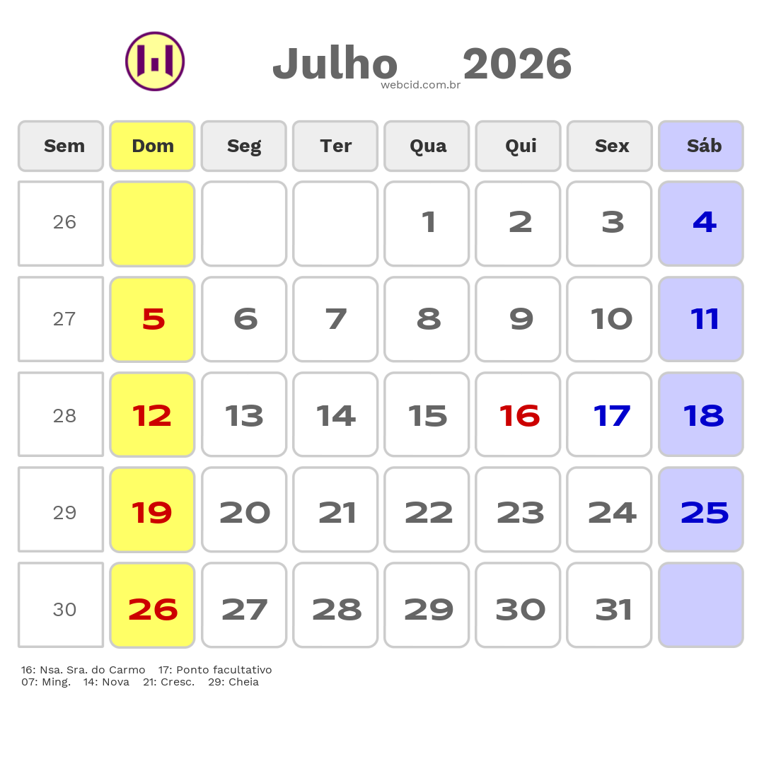 Calendário 2026 - Julho - Betim-MG com feriados e fases da lua