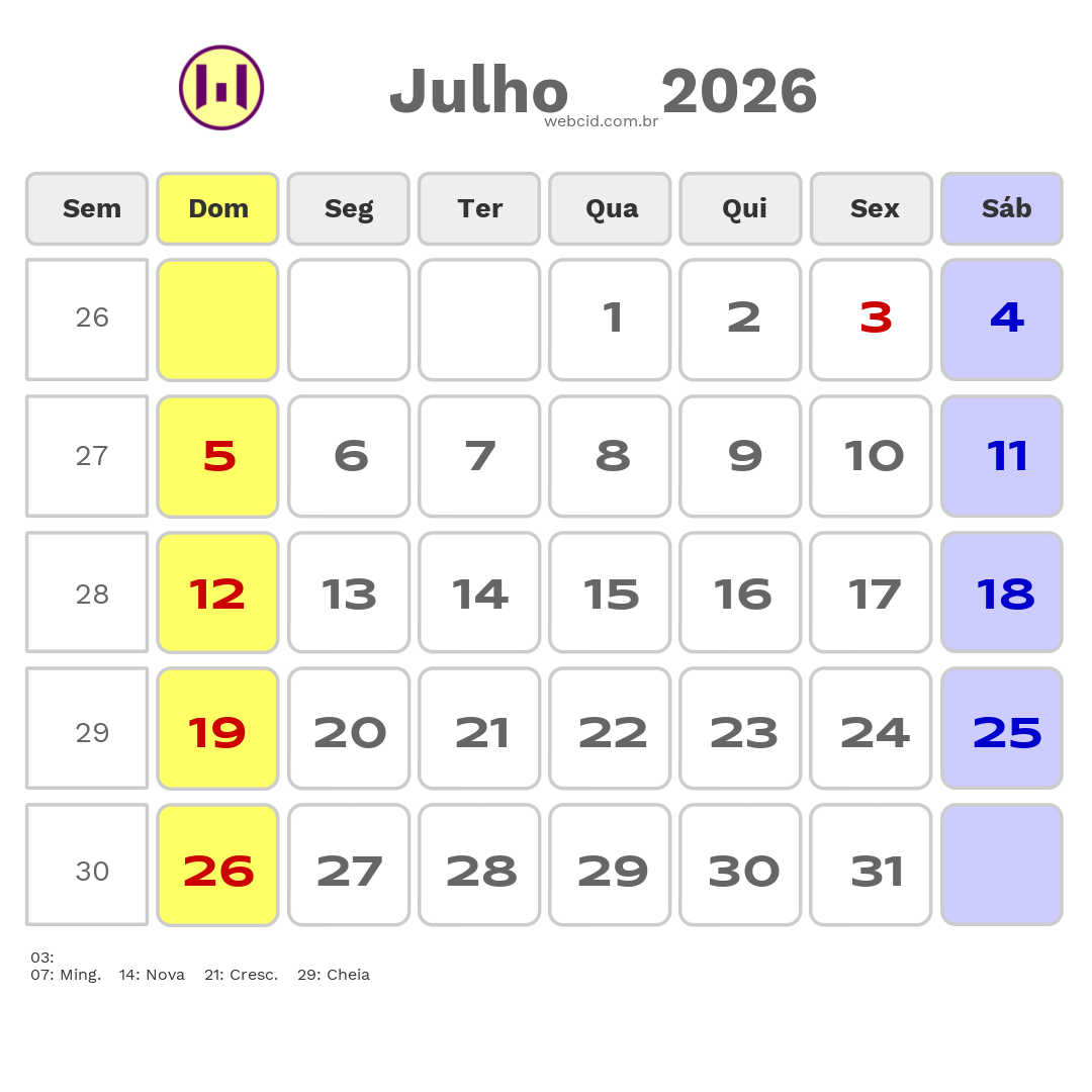 Calendário 2026 - Julho - Uba-MG com feriados e fases da lua