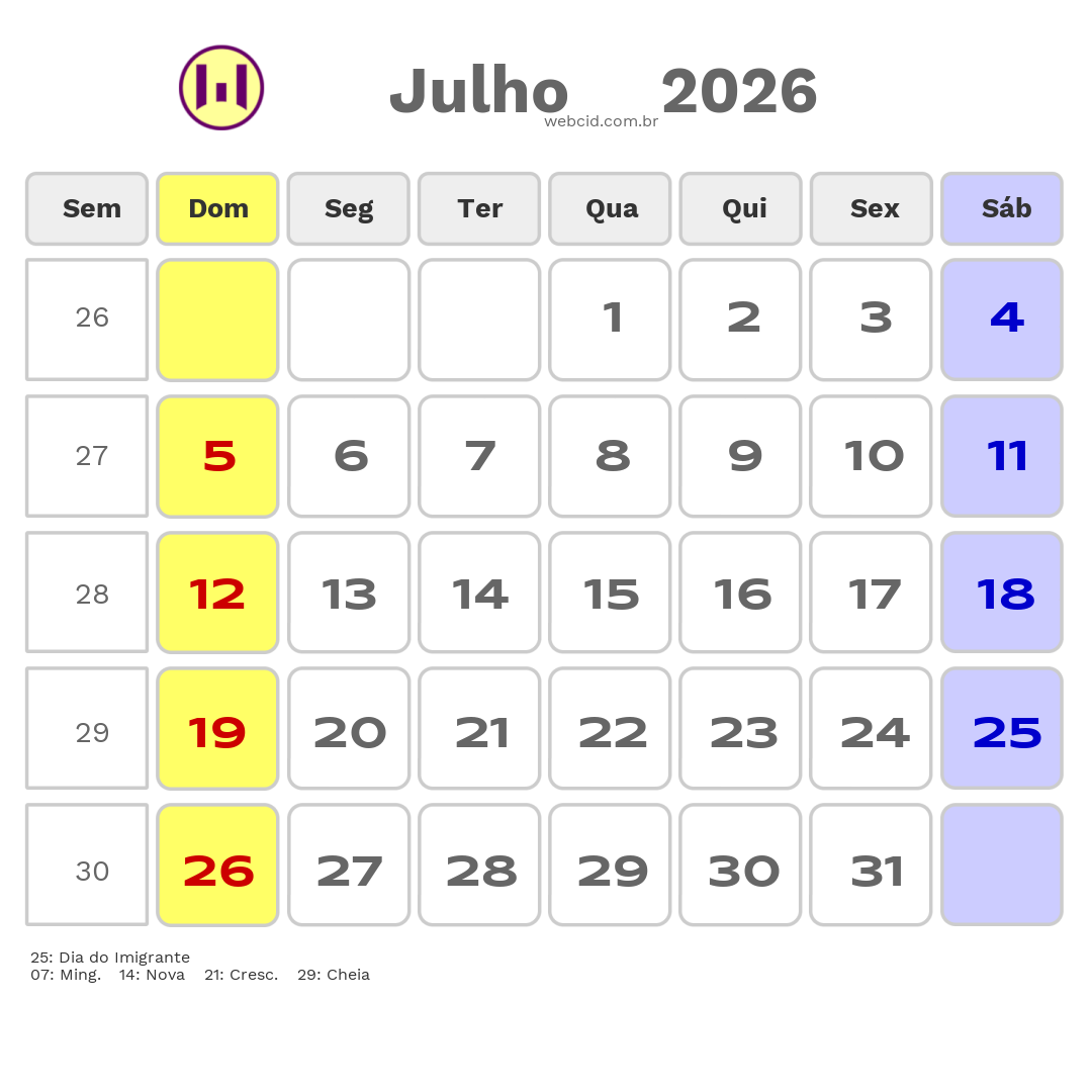 Calendário 2026 - Julho - Conceição do Araguaia-PA com feriados e fases da lua