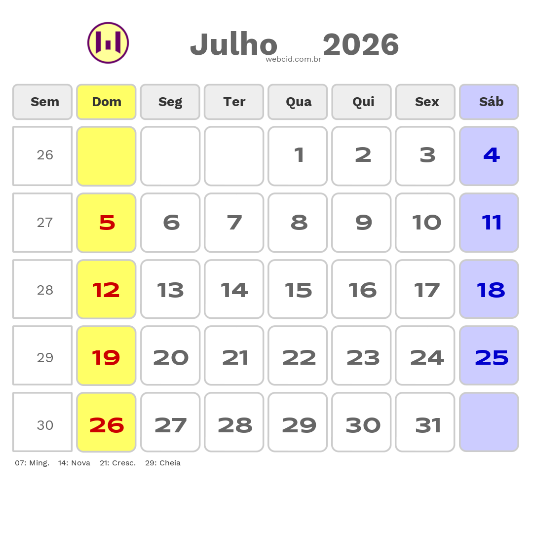 Calendário 2026 - Julho - Caruaru-PE com feriados e fases da lua