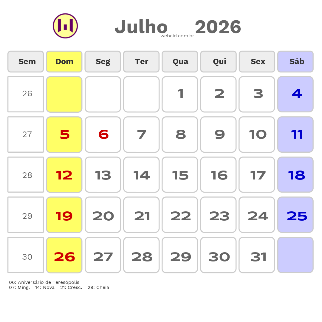 Calendário 2026 - Julho - Teresópolis-RJ com feriados e fases da lua