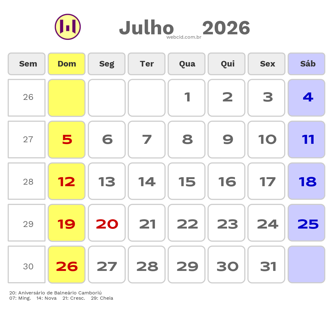 Calendário 2026 - Julho - Balneário Camboriú-SC com feriados e fases da lua