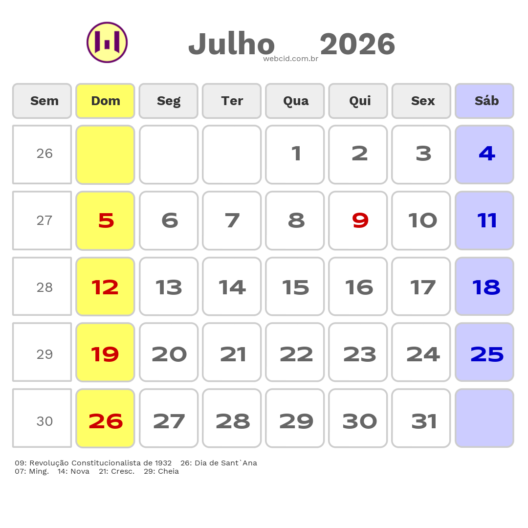 Calendário 2026 - Julho - Botucatu-SP com feriados e fases da lua
