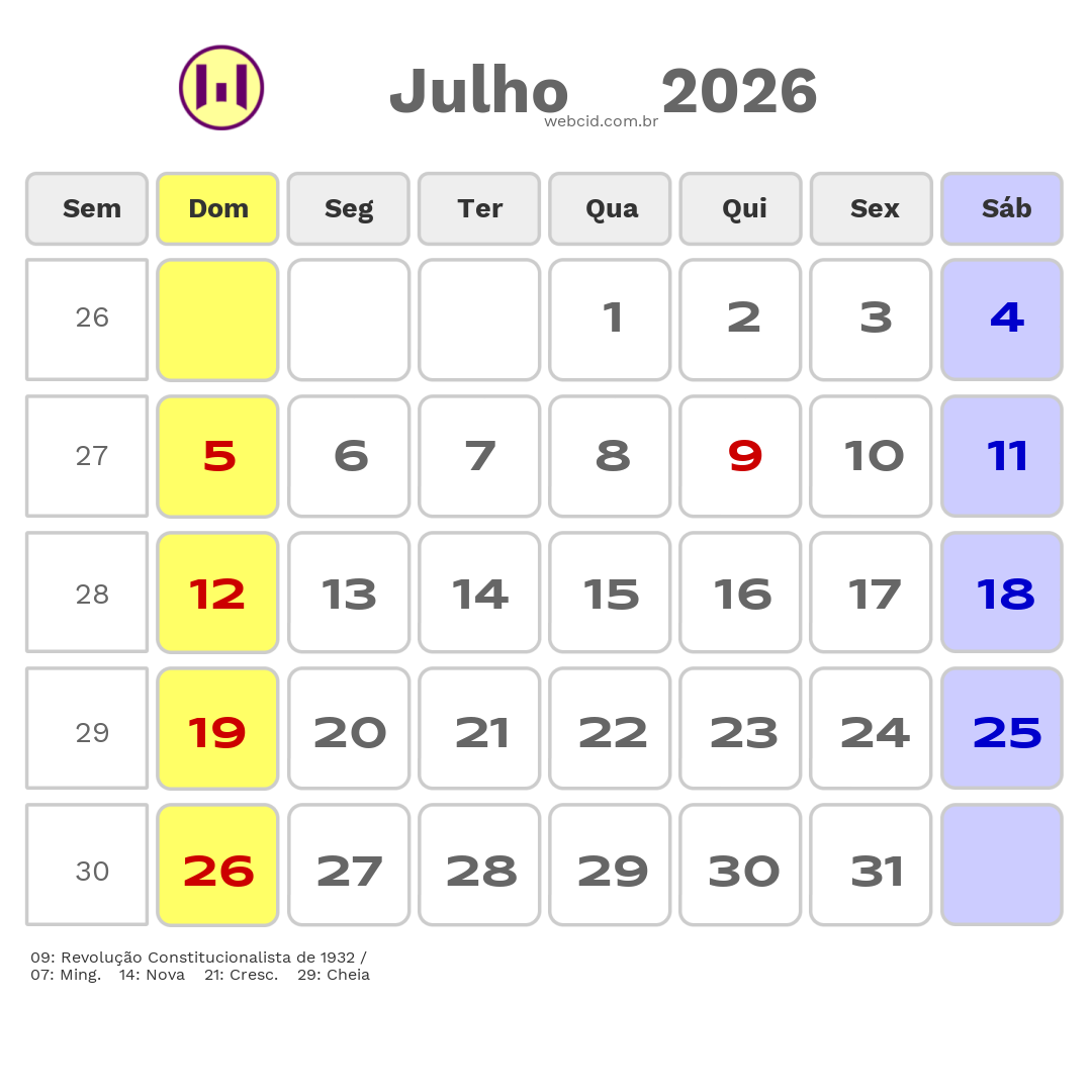 Calendário 2026 - Julho - Lorena-SP com feriados e fases da lua