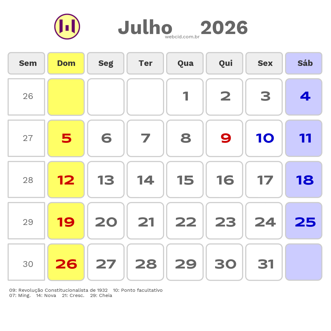 Calendário 2026 - Julho - São Sebastião-SP com feriados e fases da lua
