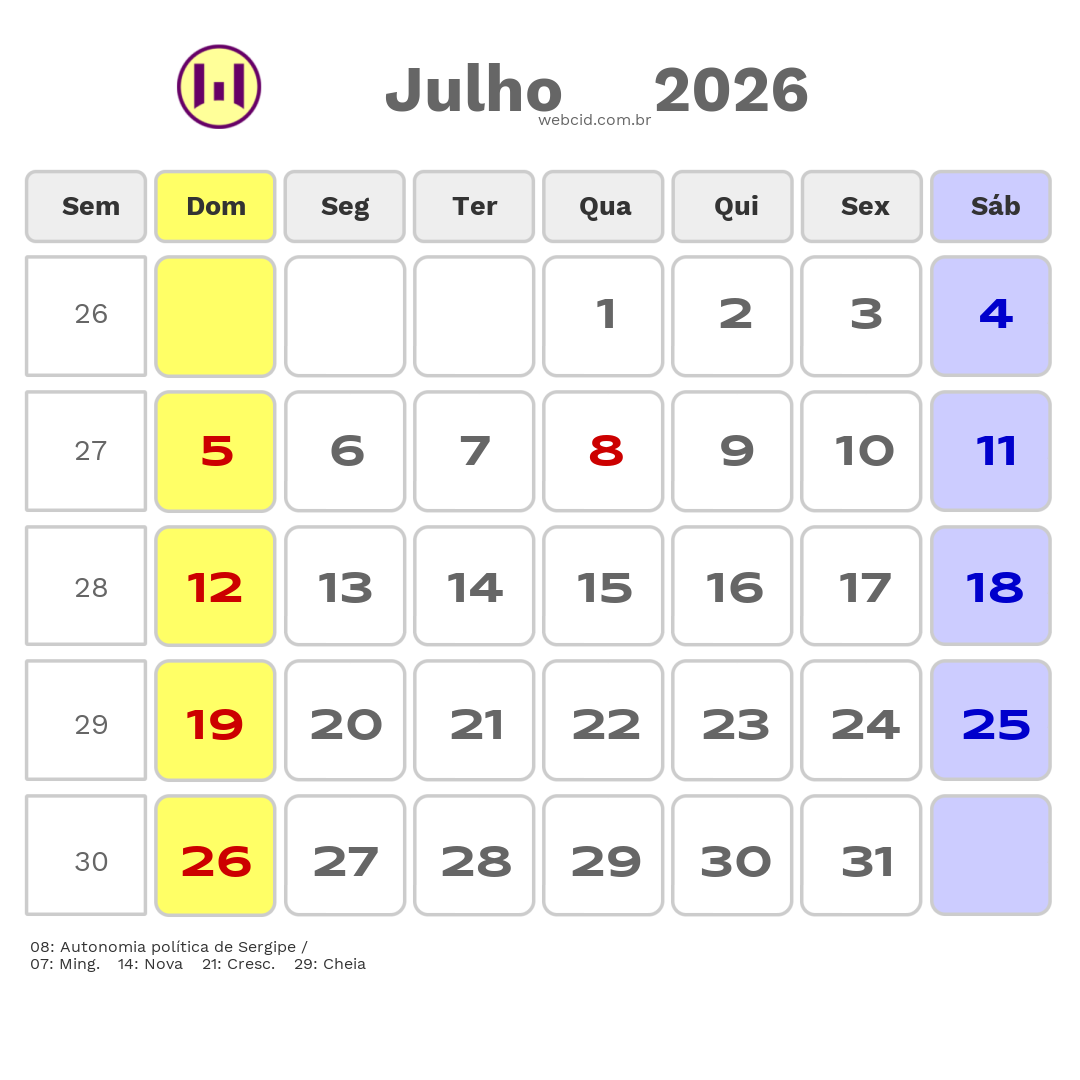 Calendário 2026 - Julho - Estancia-SE com feriados e fases da lua