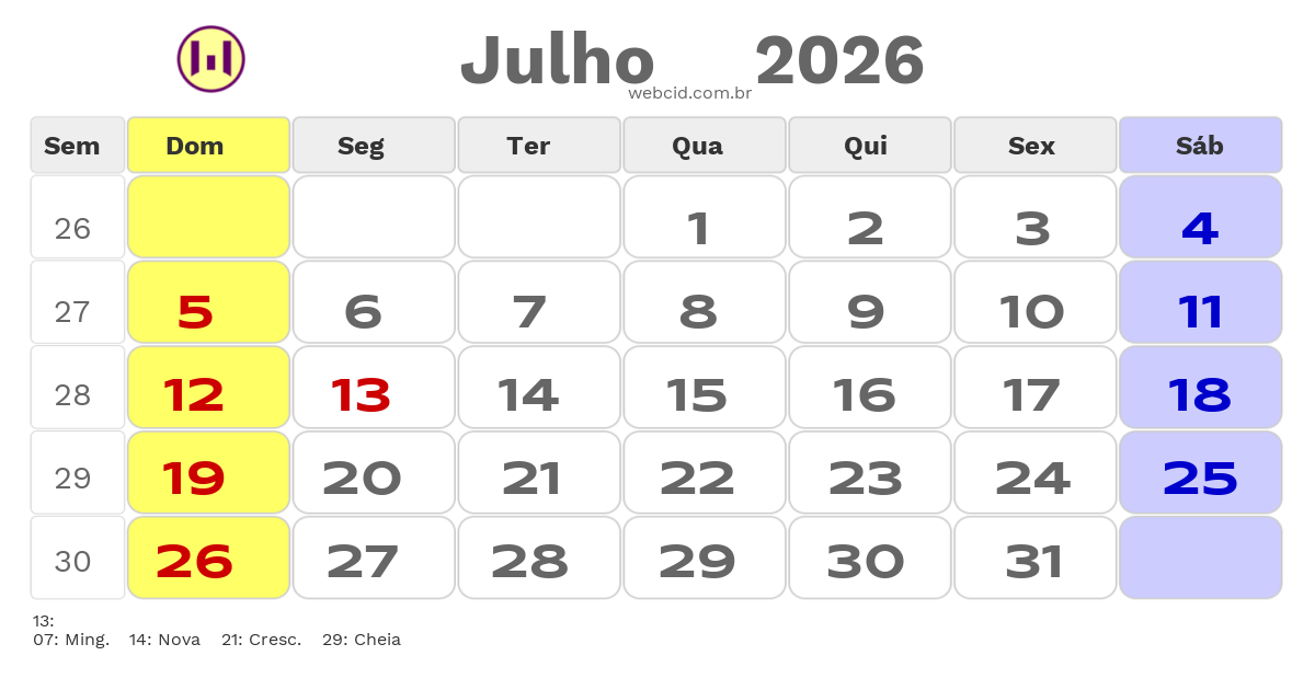 Calendário 2026 - Julho - Rio Largo-AL com feriados e fases da lua