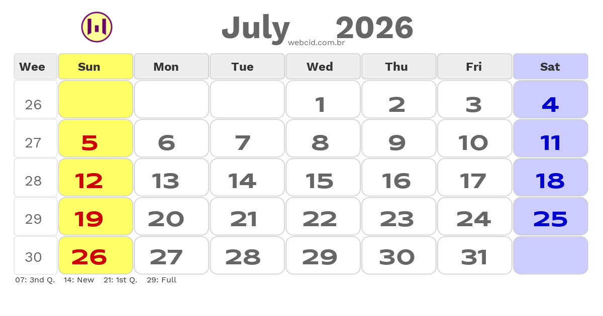Calendar 2026 - July - Austrália com feriados e fases da lua