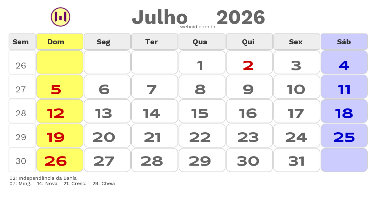 Calendário 2026 - Julho - Eunápolis-BA com feriados e fases da lua
