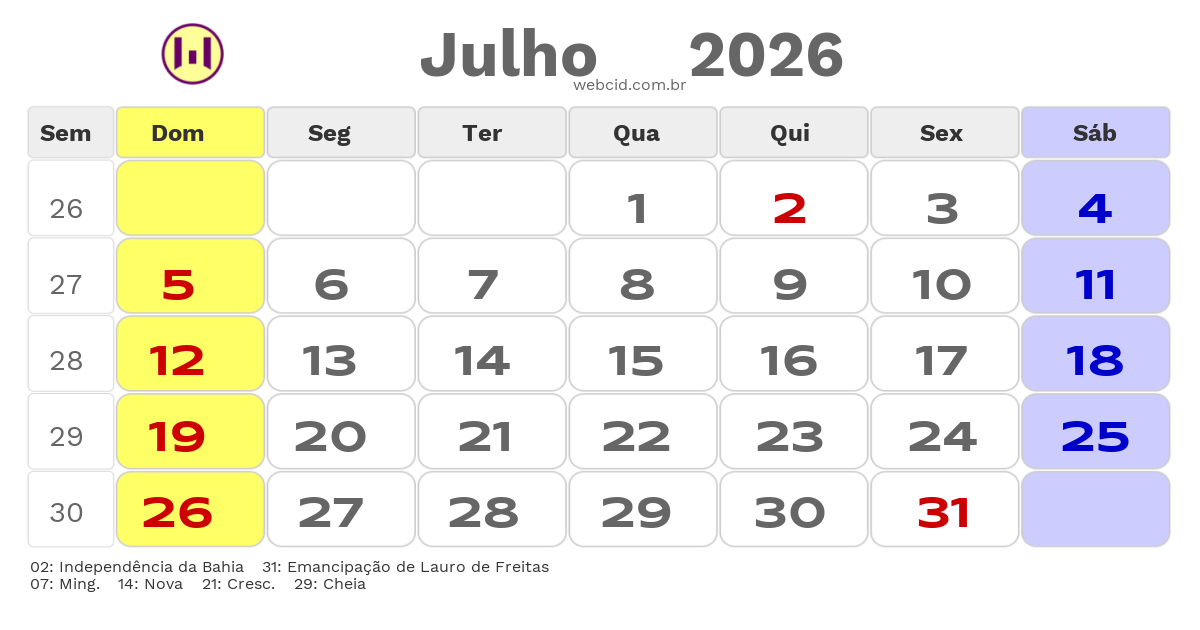 Calendário 2026 - Julho - Lauro de Freitas-BA com feriados e fases da lua