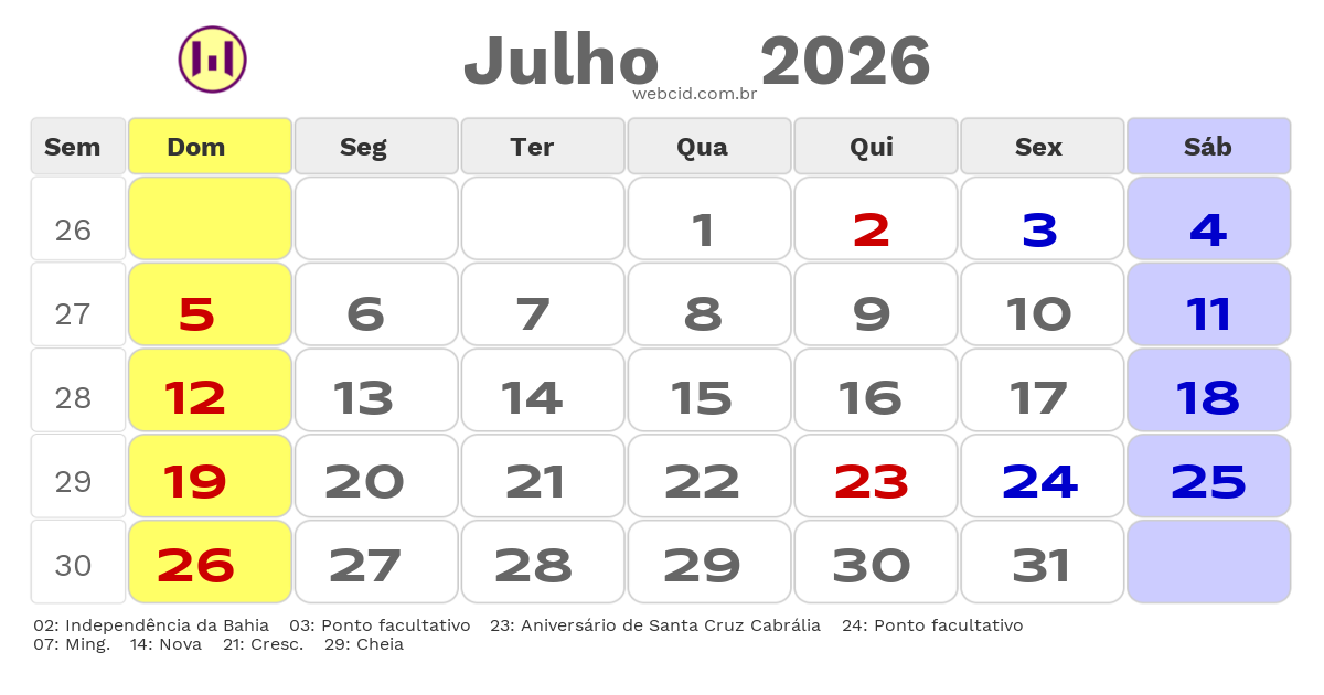 Calendário 2026 - Julho - Santa Cruz Cabrália-BA com feriados e fases da lua