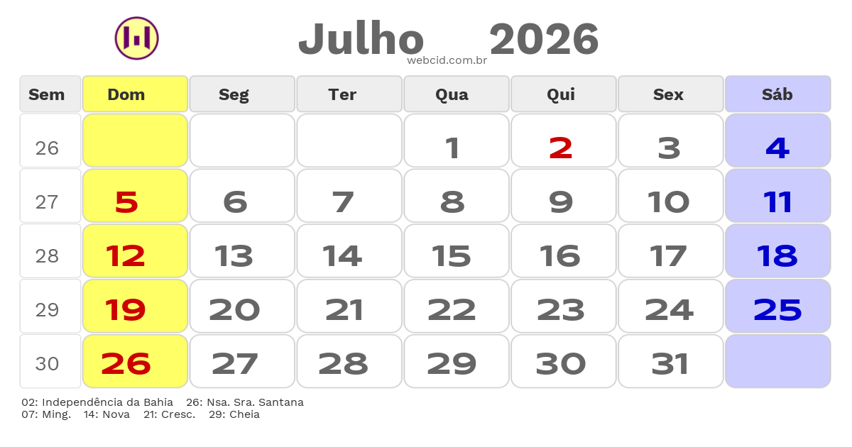 Calendário 2026 - Julho - Serrinha-BA com feriados e fases da lua