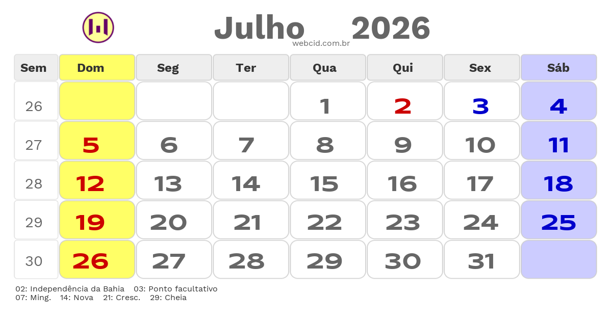 Calendário 2026 - Julho - Bahia com feriados e fases da lua