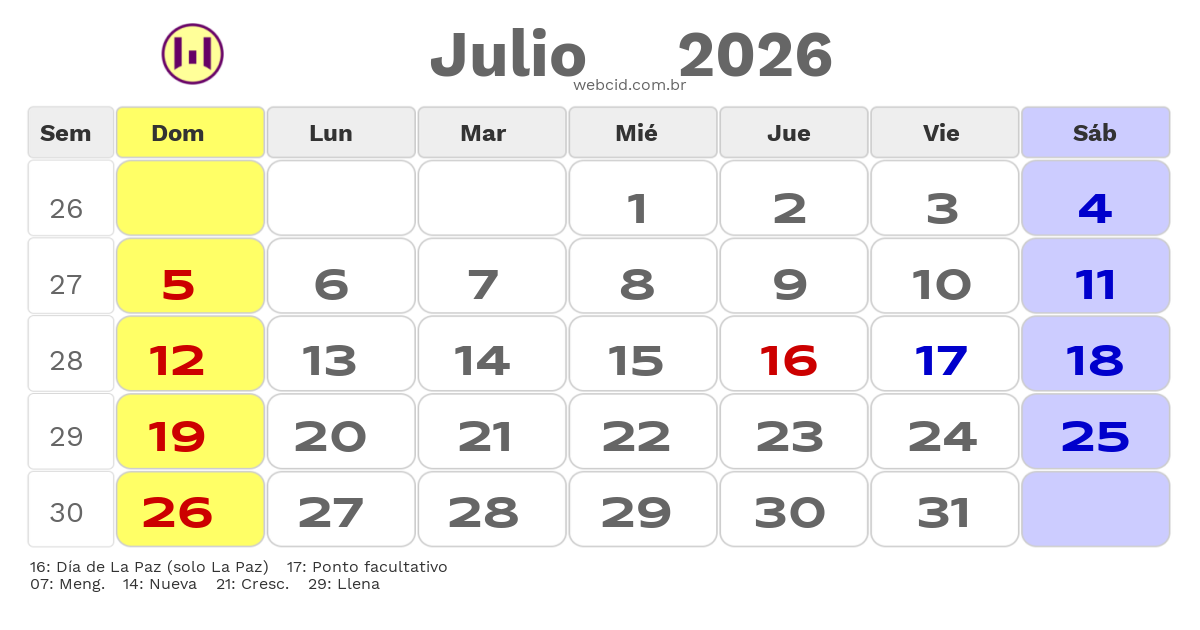 Calendario 2026 - Julio - Bolívia com feriados e fases da lua