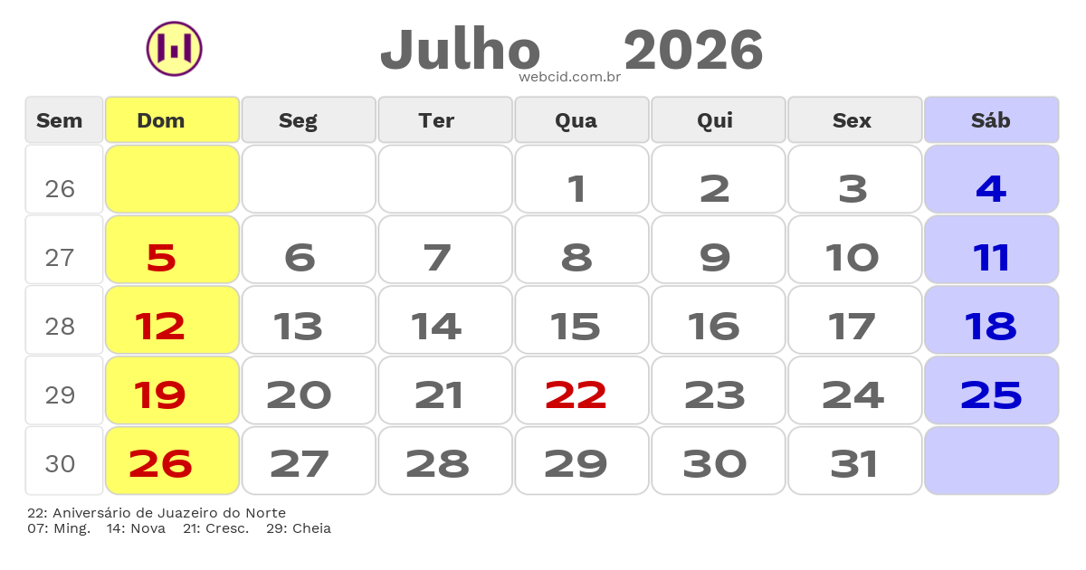 Calendário 2026 - Julho - Juazeiro do Norte-CE com feriados e fases da lua