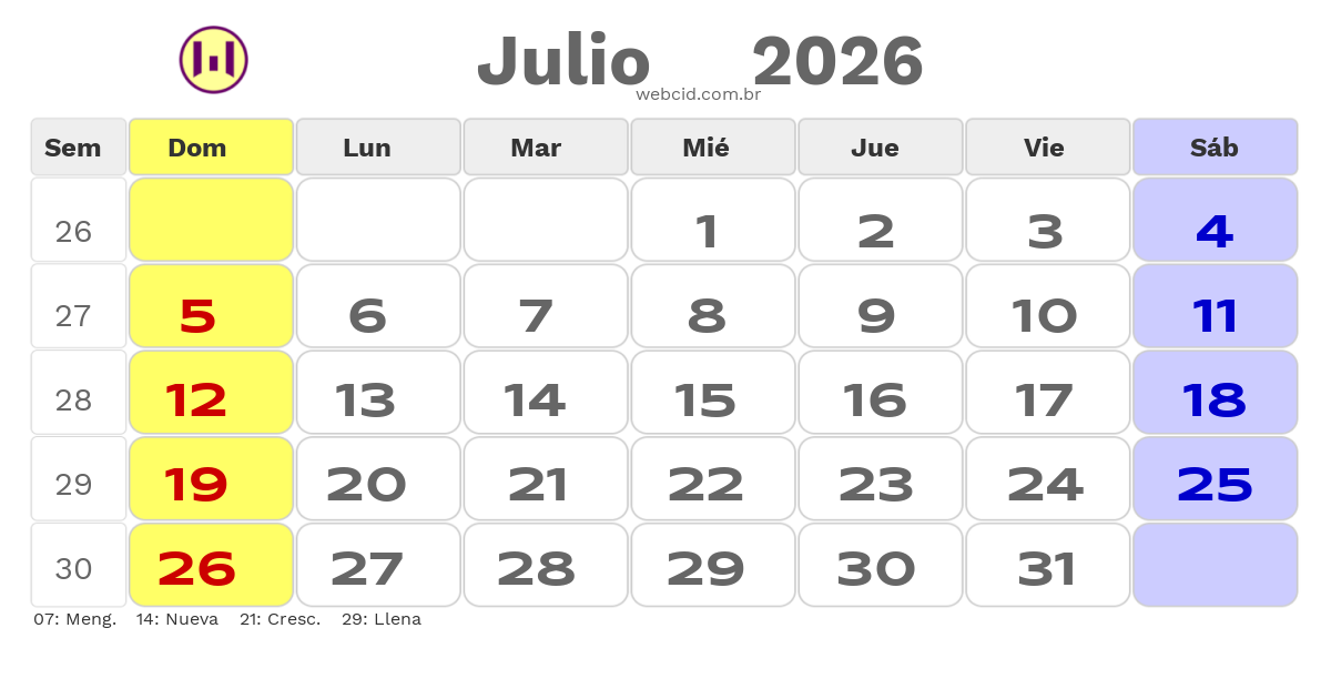 Calendario 2026 - Julio - Chile com feriados e fases da lua