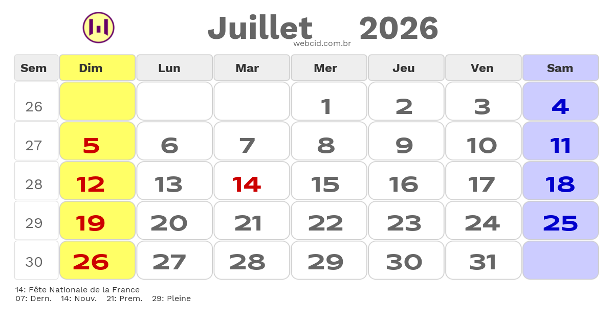Calendrier 2026 - Juillet - La France com feriados e fases da lua