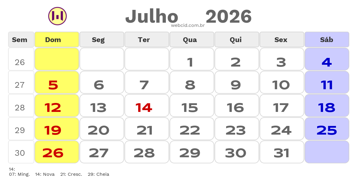 Calendário 2026 - Julho - Goianesia-GO com feriados e fases da lua