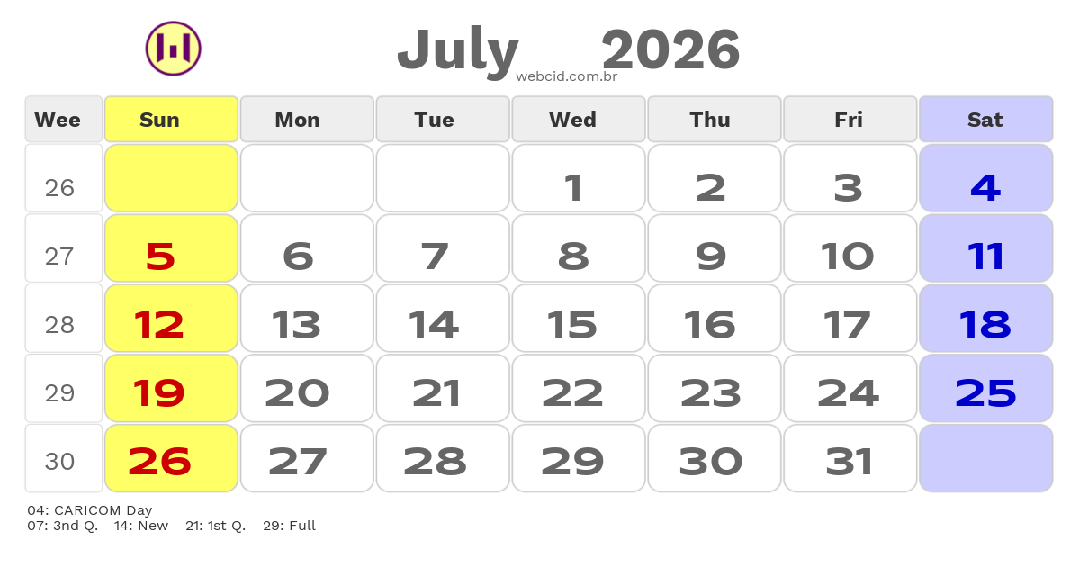 Calendar 2026 - July - Guyana com feriados e fases da lua