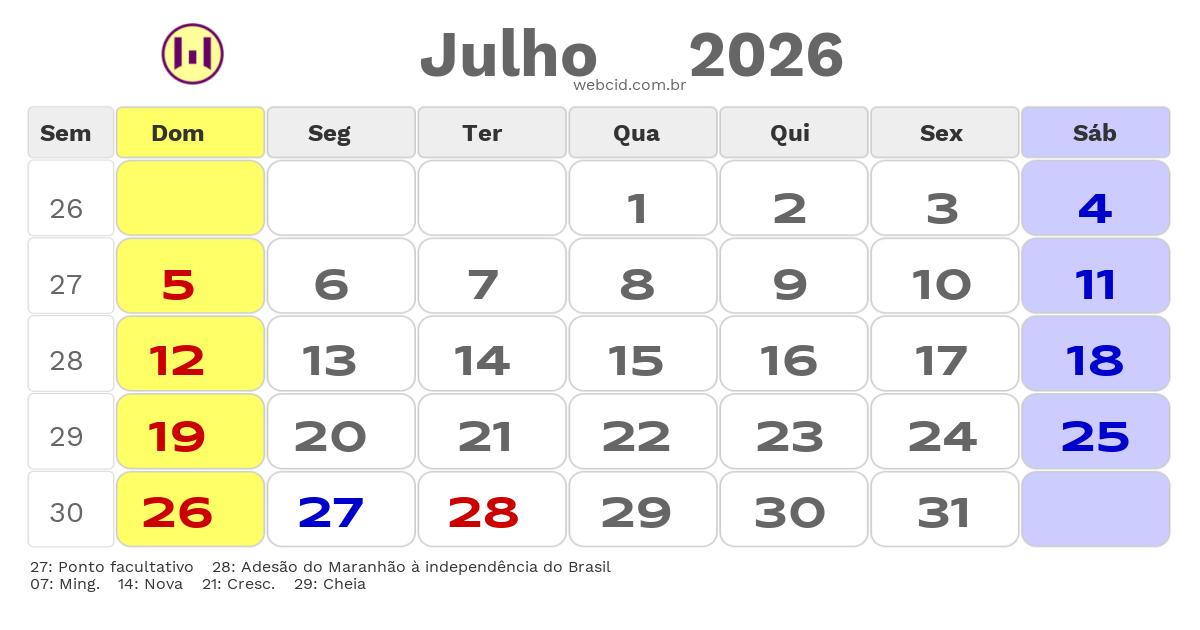 Calendário 2026 - Julho - Caxias-MA com feriados e fases da lua