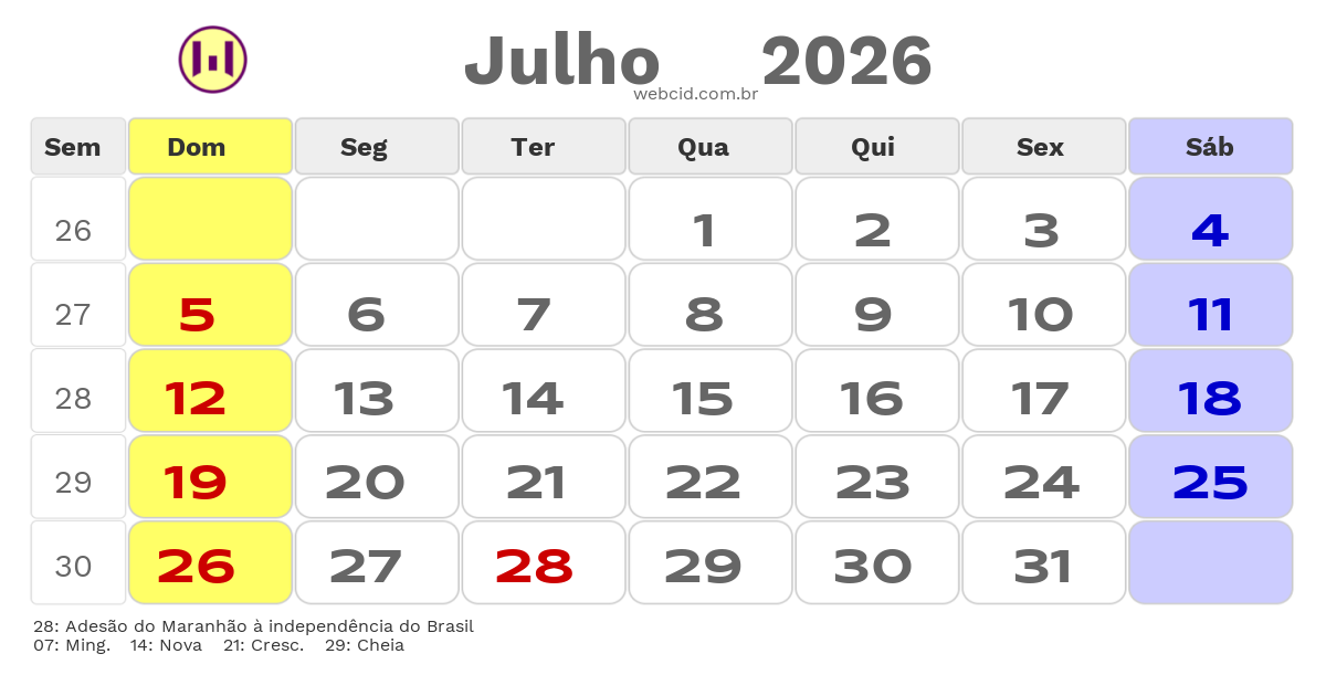 Calendário 2026 - Julho - Timbiras-MA com feriados e fases da lua