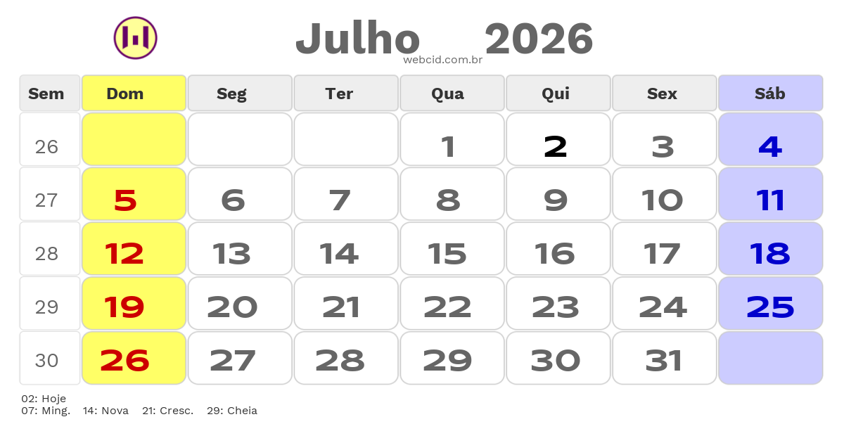Calendário 2026 - Julho - Jardim-MS com feriados e fases da lua