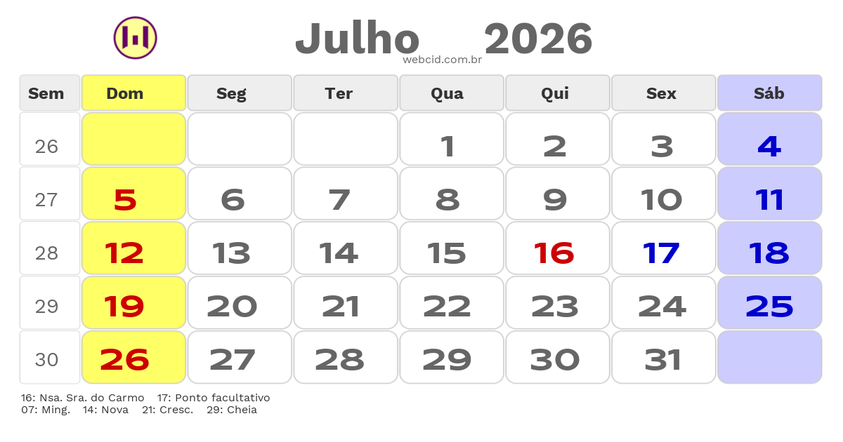 Calendário 2026 - Julho - Betim-MG com feriados e fases da lua