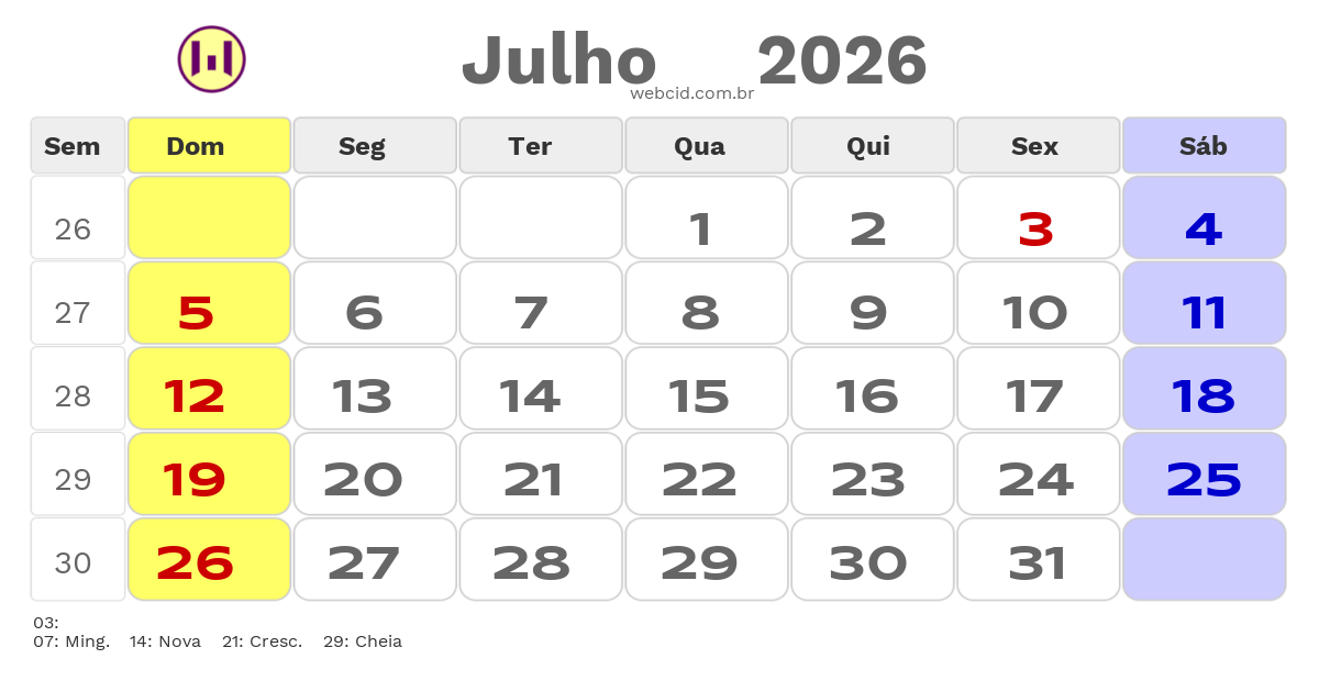 Calendário 2026 - Julho - Uba-MG com feriados e fases da lua