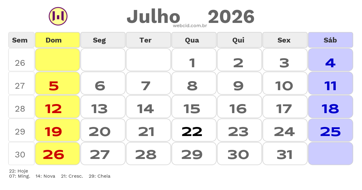 Calendário 2026 - Julho - Belém-PA com feriados e fases da lua