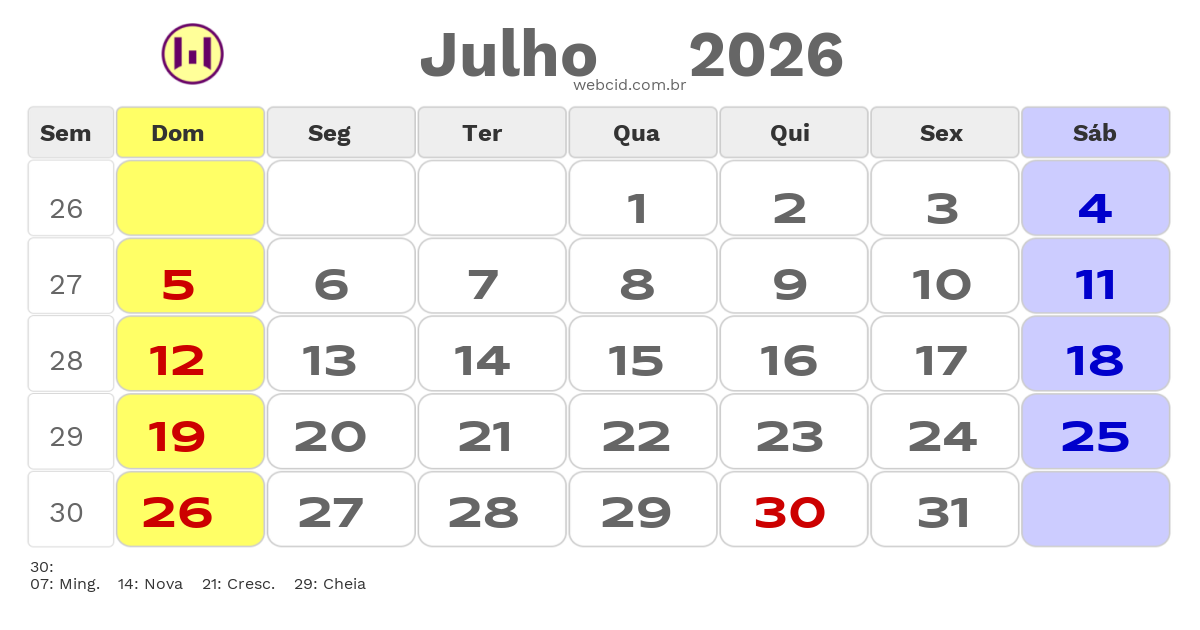 Calendário 2026 - Julho - Brasil Novo-PA com feriados e fases da lua