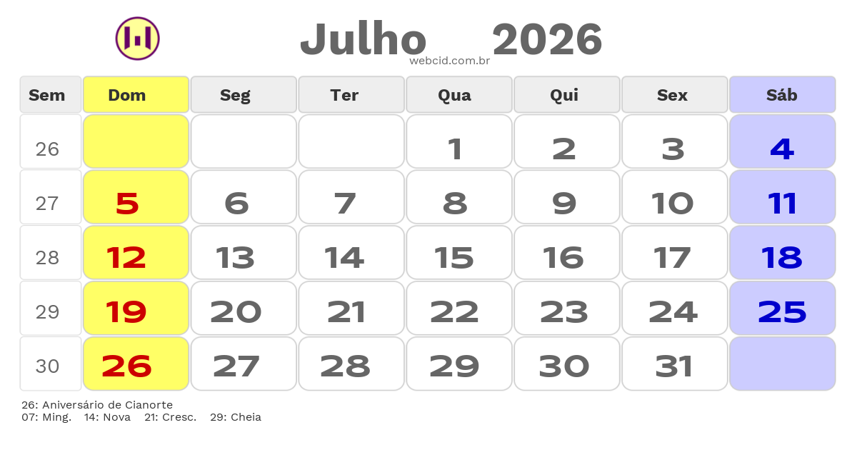 Calendário 2026 - Julho - Cianorte-PR com feriados e fases da lua