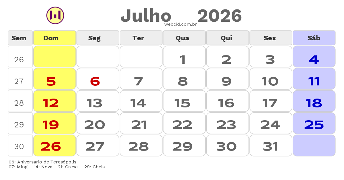 Calendário 2026 - Julho - Teresópolis-RJ com feriados e fases da lua
