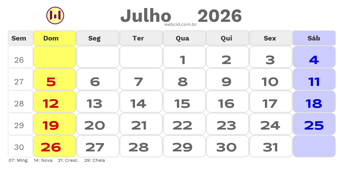 Calendário 2026 - Julho - Rio de Janeiro com feriados e fases da lua
