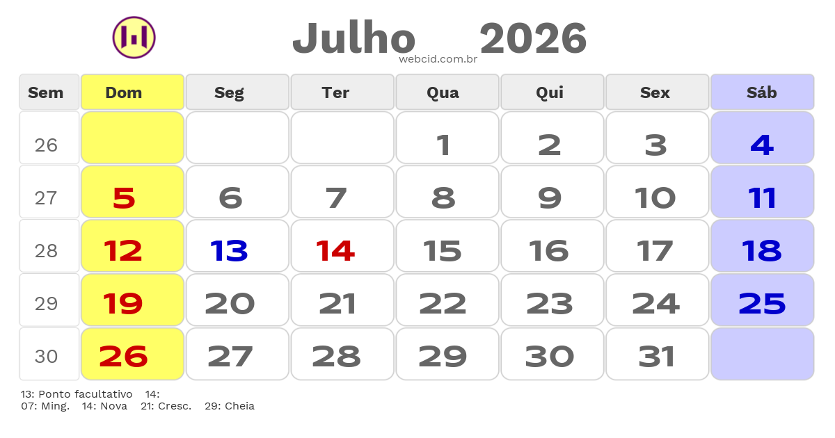 Calendário 2026 - Julho - Julio de Castilhos-RS com feriados e fases da lua