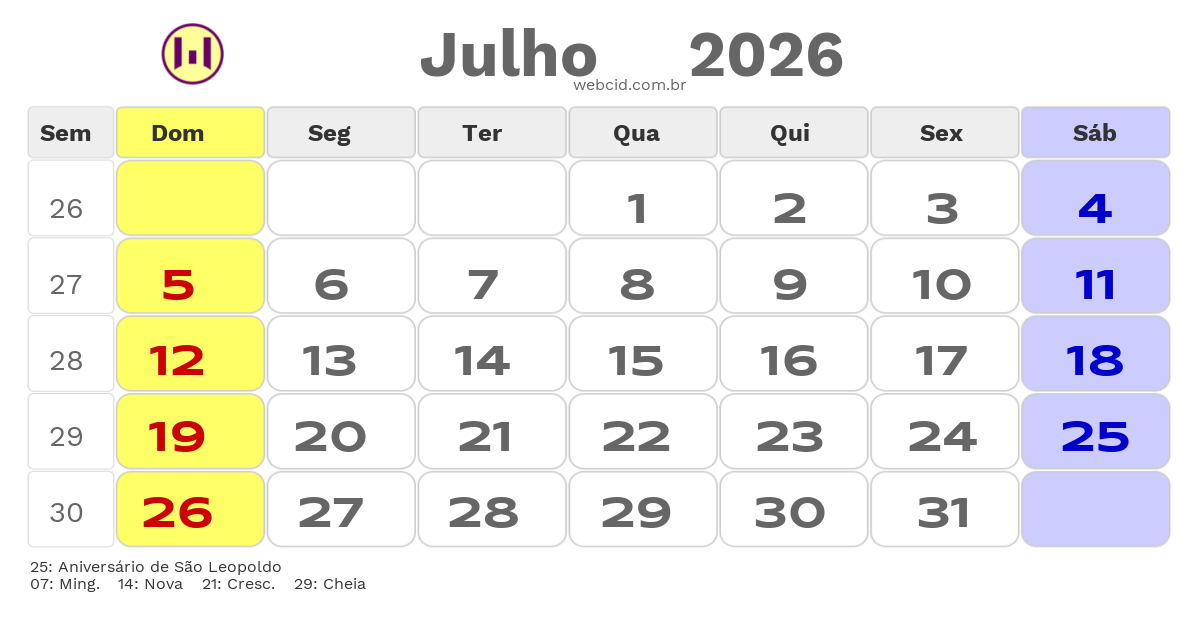 Calendário 2026 - Julho - São Leopoldo-RS com feriados e fases da lua