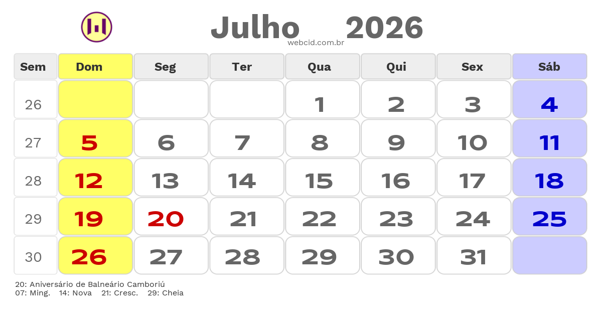 Calendário 2026 - Julho - Balneário Camboriú-SC com feriados e fases da lua