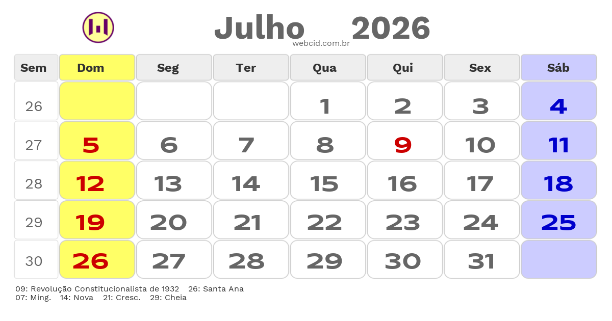 Calendário 2026 - Julho - Santana de Parnaiba-SP com feriados e fases da lua