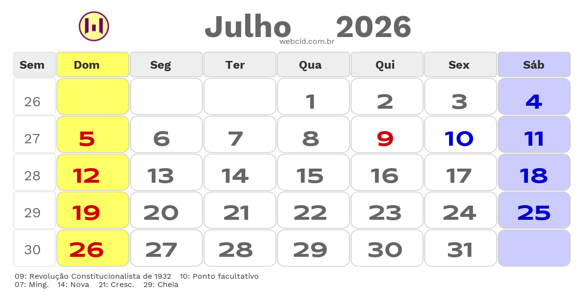 Calendário 2026 - Julho - São Sebastião-SP com feriados e fases da lua