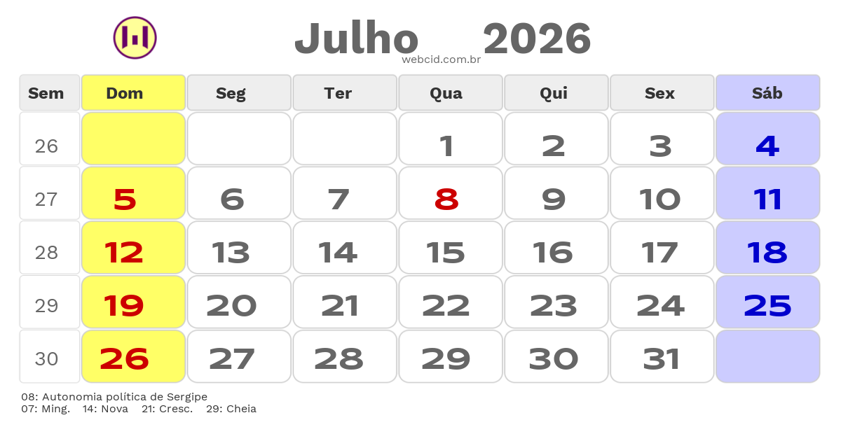 Calendário 2026 - Julho - Itabaiana-SE com feriados e fases da lua