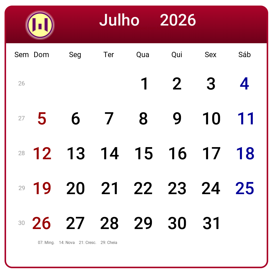 Calendário 2026 - Julho - Brasil com feriados e fases da lua