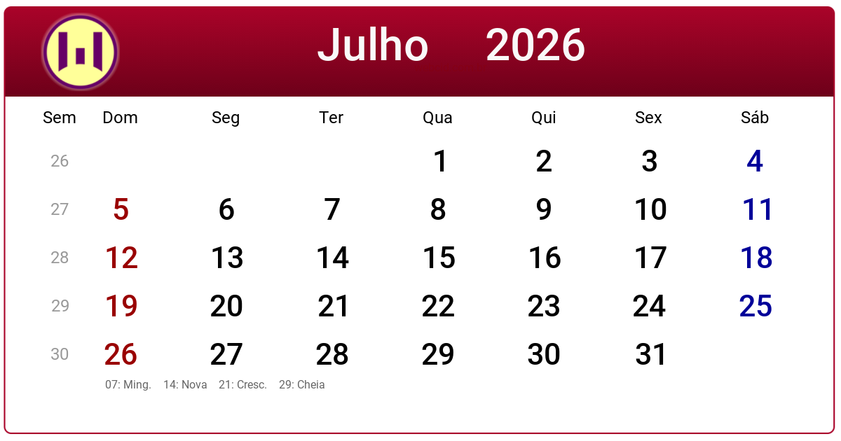 Calendário 2026 - Julho - Brasil com feriados e fases da lua