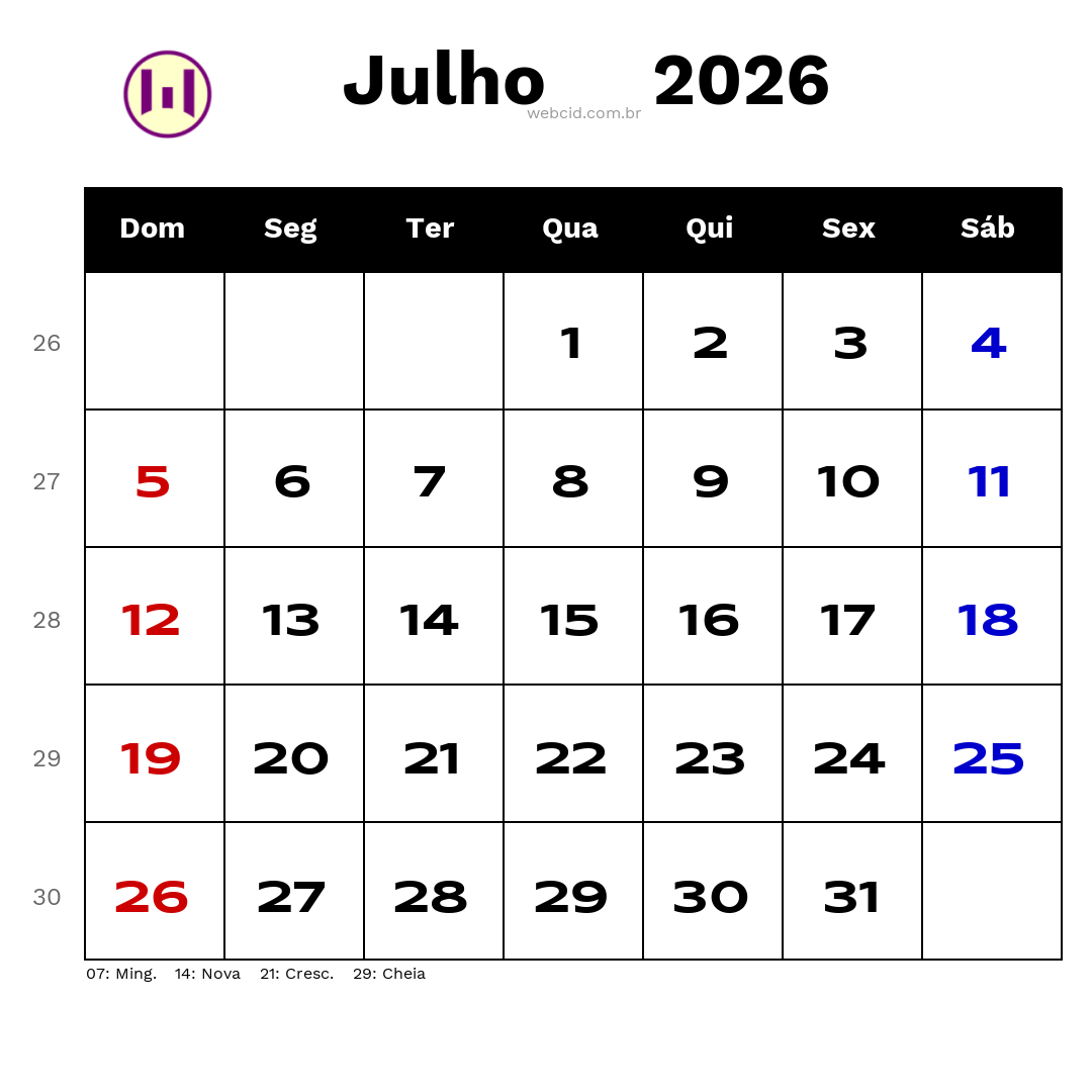 Calendário 2026 - Julho - Brasil com feriados e fases da lua