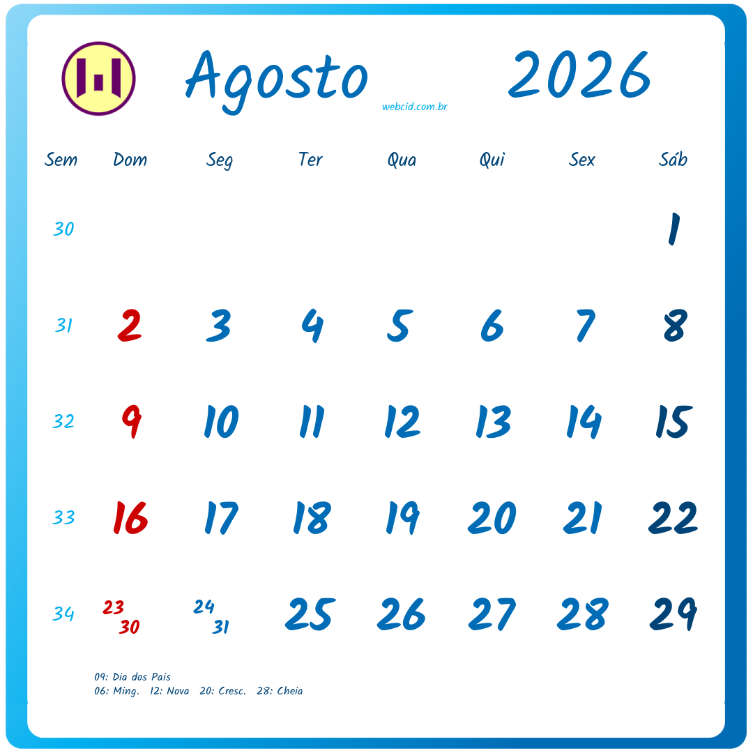 Calendário 2026 - Agosto - Brasil com feriados e fases da lua