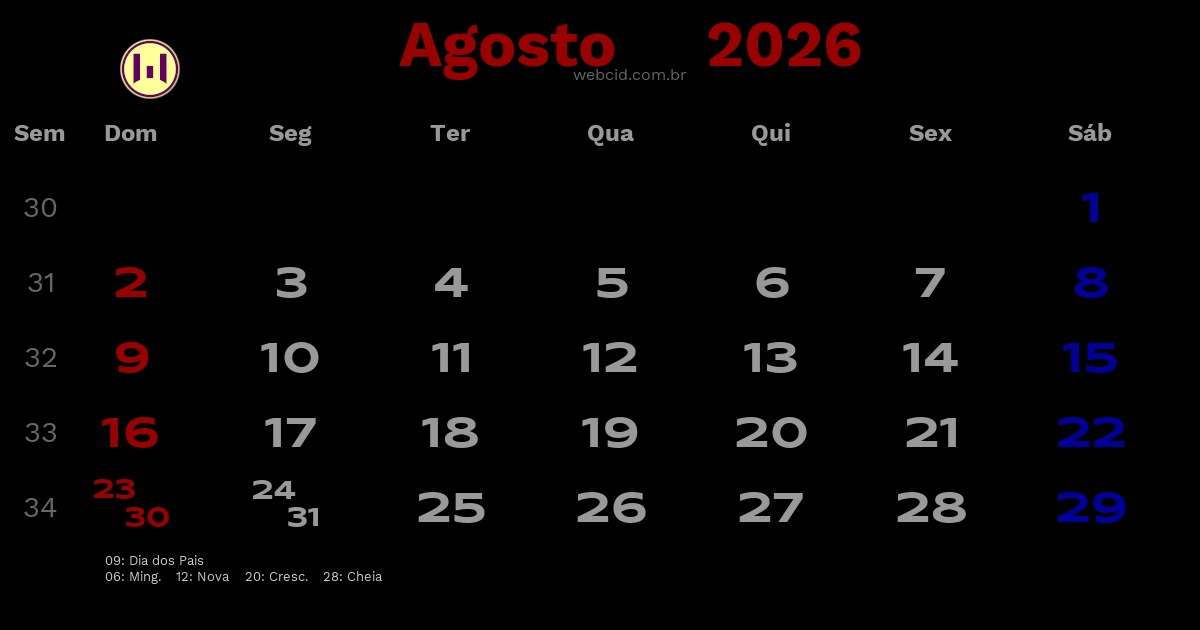 Calendário 2026 - Agosto - Brasil com feriados e fases da lua