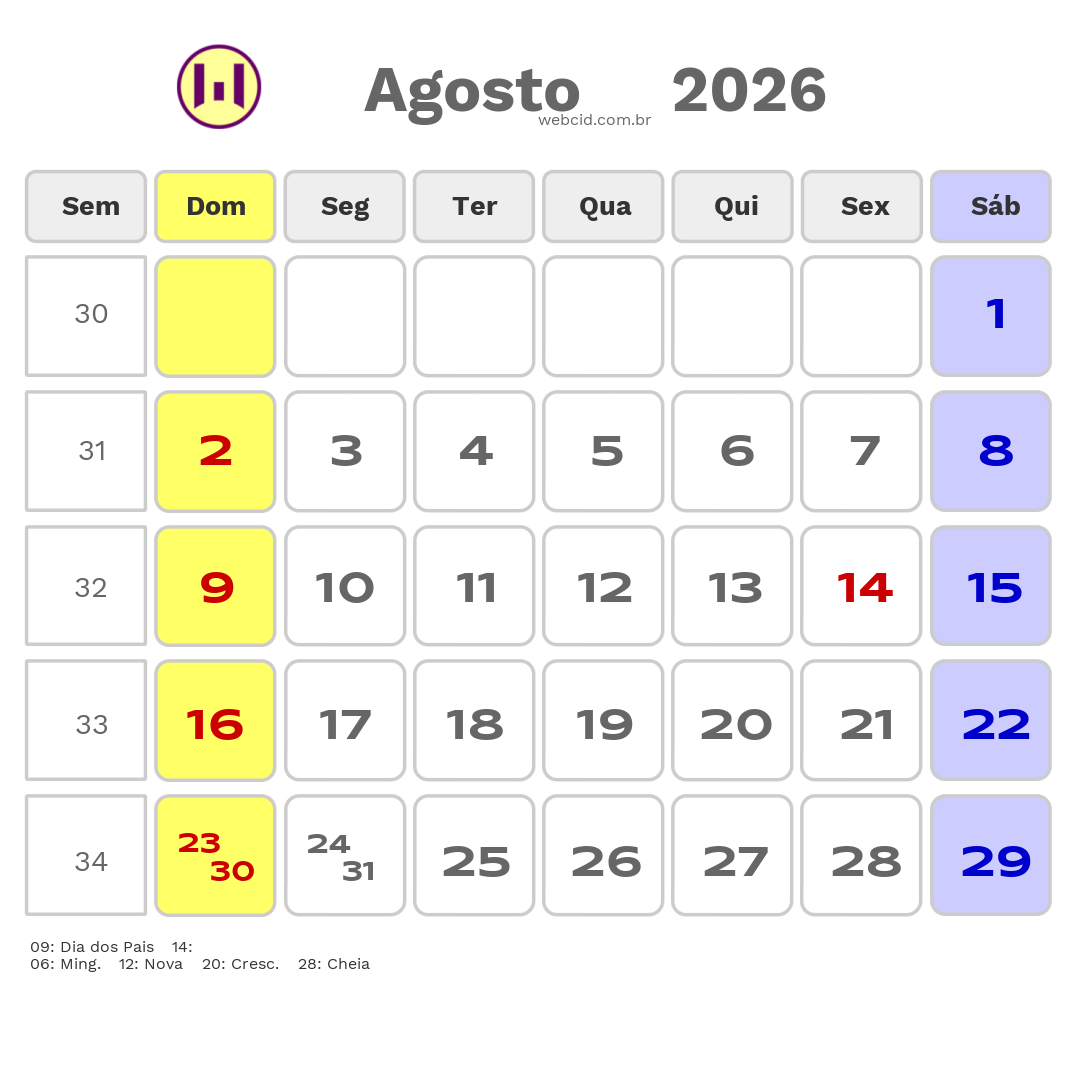 Calendário 2026 - Agosto - Candeias-BA com feriados e fases da lua
