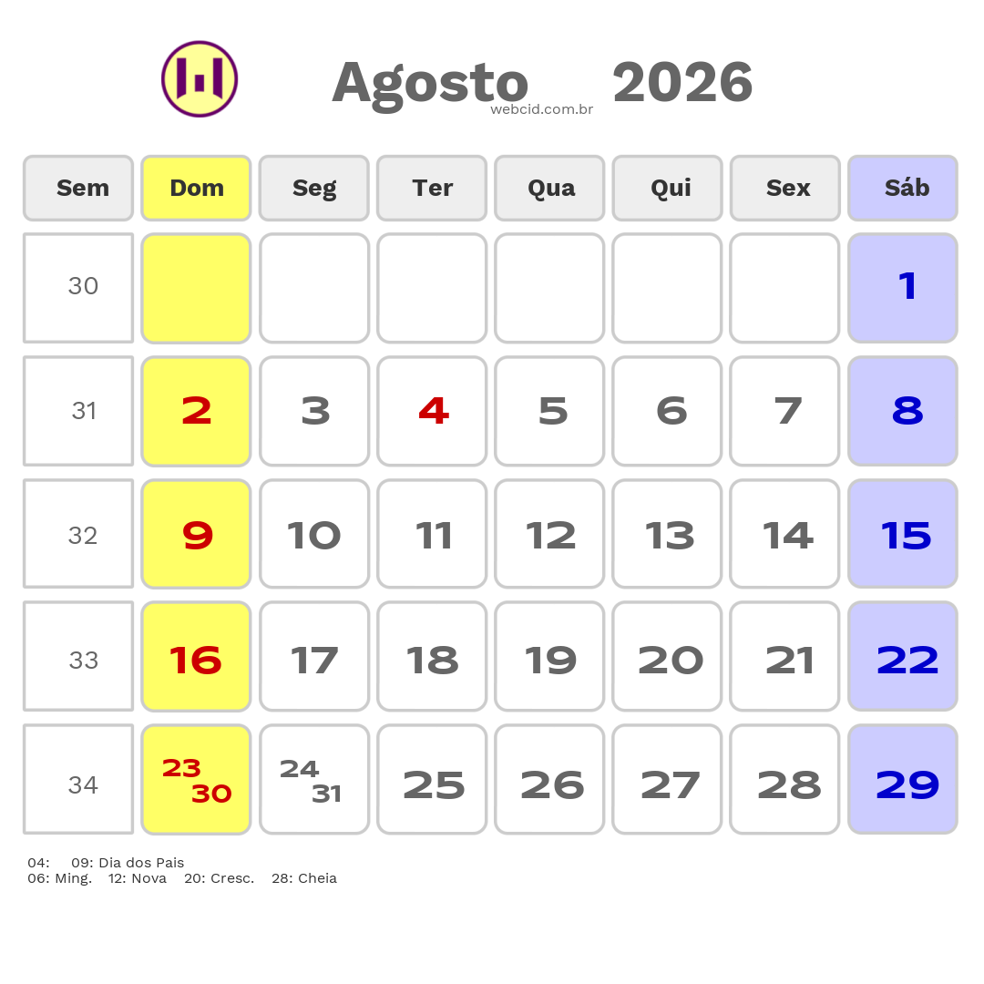 Calendário 2026 - Agosto - Irece-BA com feriados e fases da lua