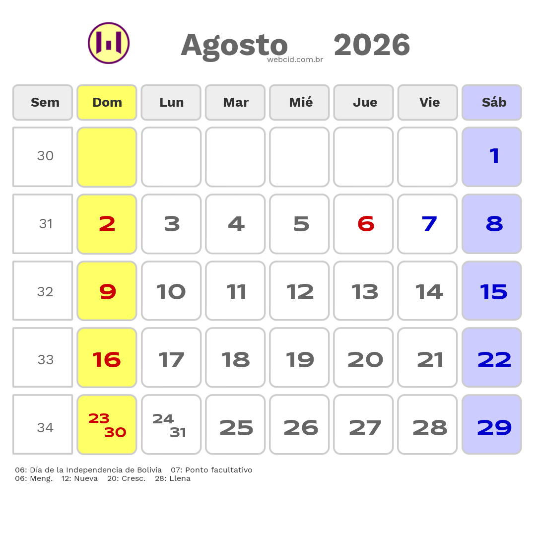 Calendario 2026 - Agosto - Bolívia com feriados e fases da lua