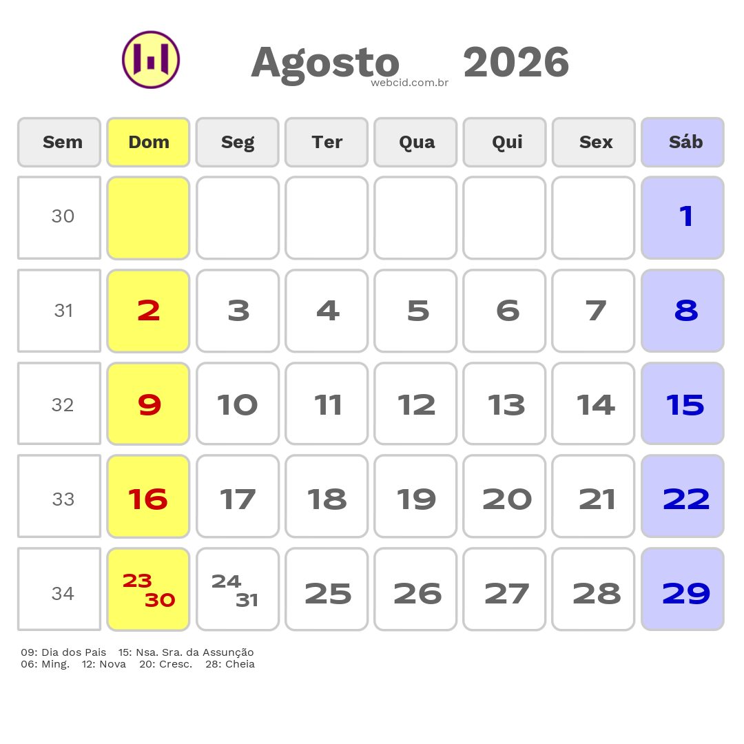 Calendário 2026 - Agosto - Fortaleza-CE com feriados e fases da lua