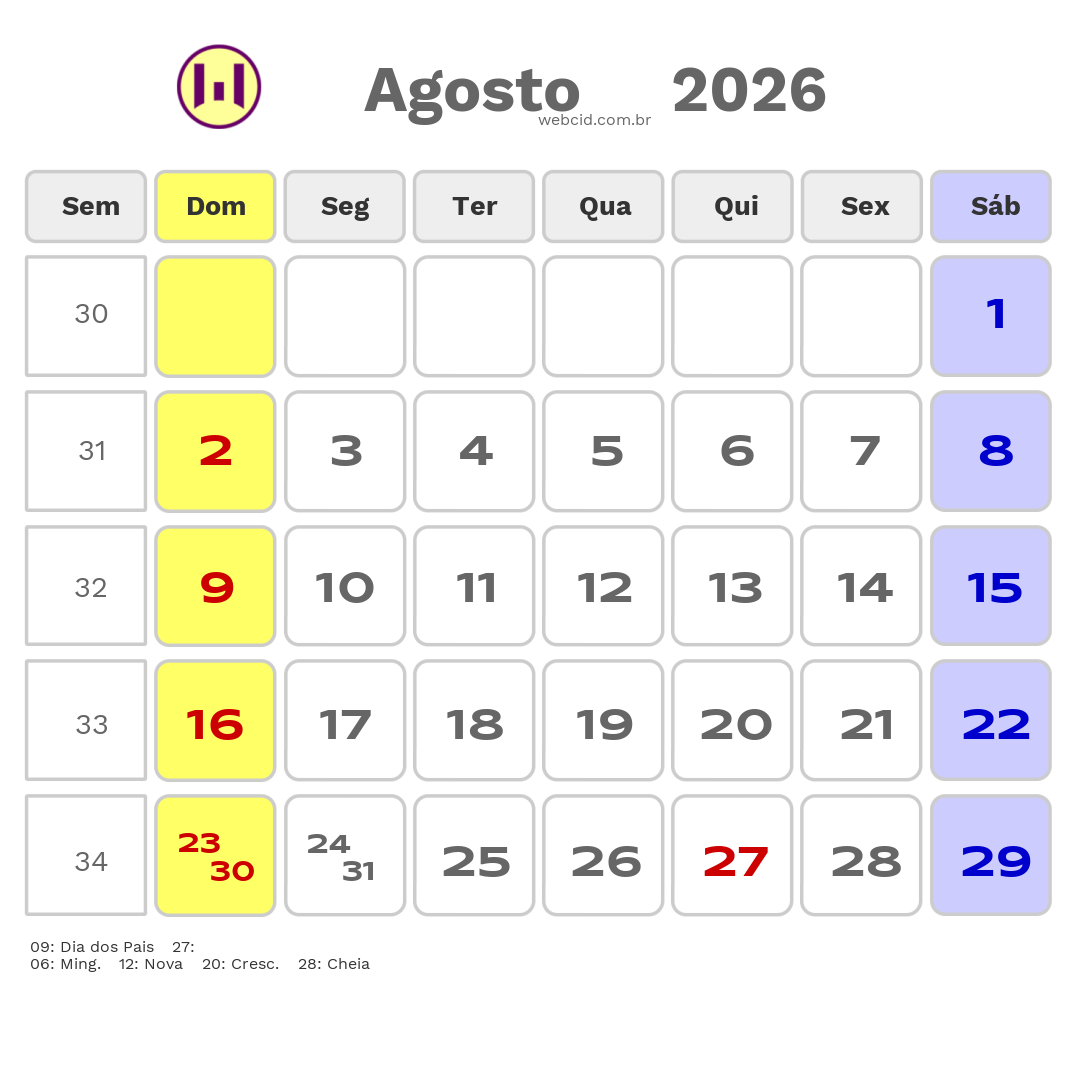 Calendário 2026 - Agosto - Mauriti-CE com feriados e fases da lua